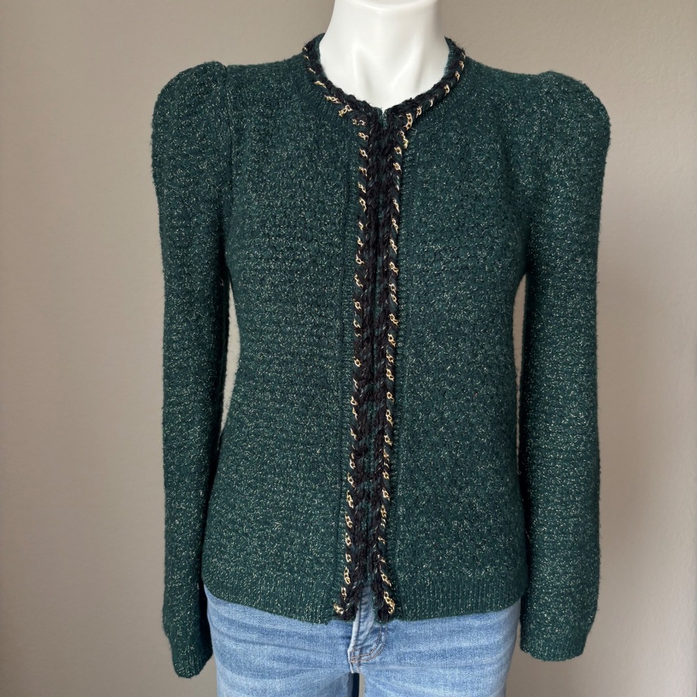 Express Lurex Chain Trim Emerald Green Gold Metallic Sweater Cardigan Blazer S